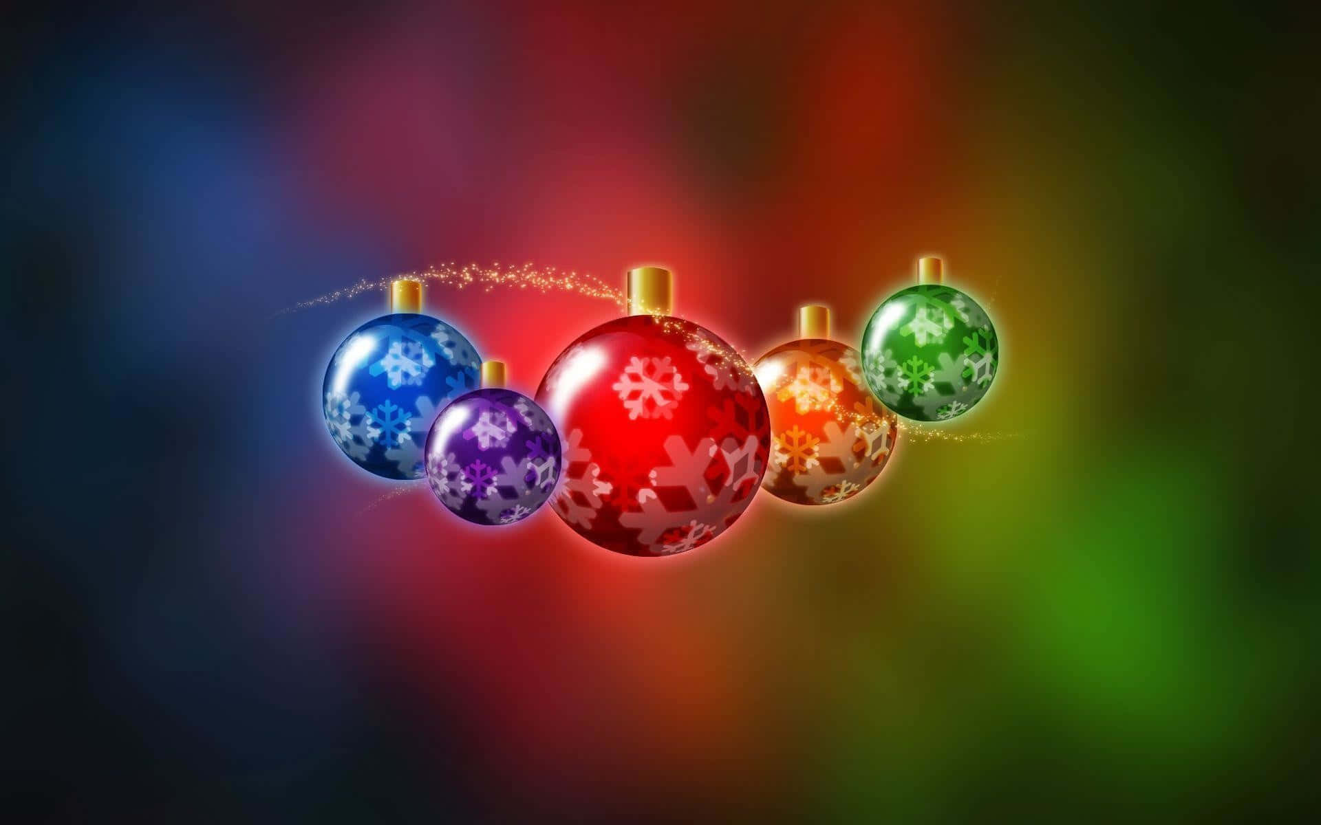 3d Christmas 桌布 壁紙 — 五個帶有雪花圖案的發光聖誕裝飾品漂浮在充滿活力的漸變背景上。