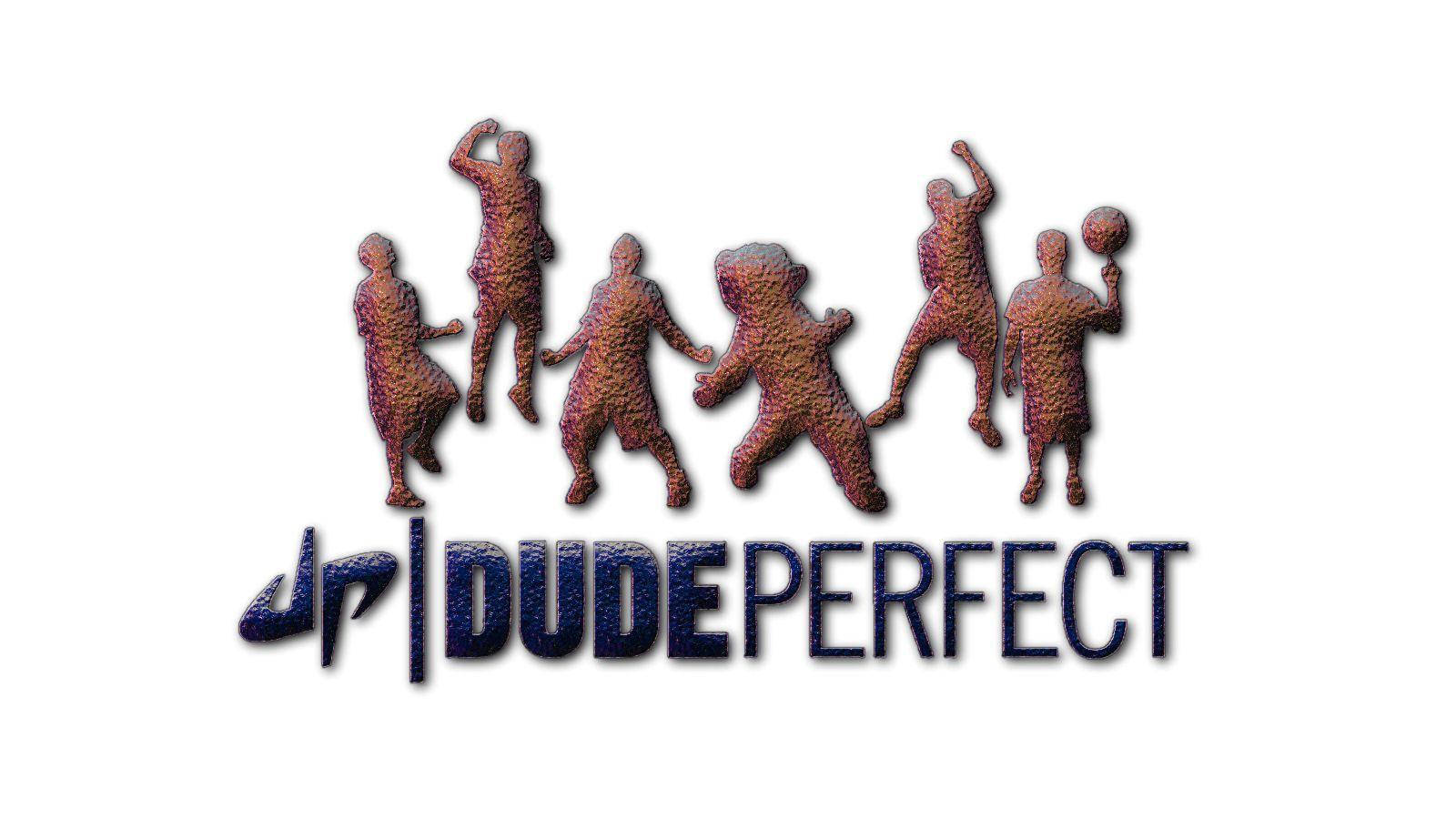 標誌 桌布 壁紙 — 五個帶紋理的紅褐色人物剪影，以動態姿勢位於 Dude Perfect 標誌上方。