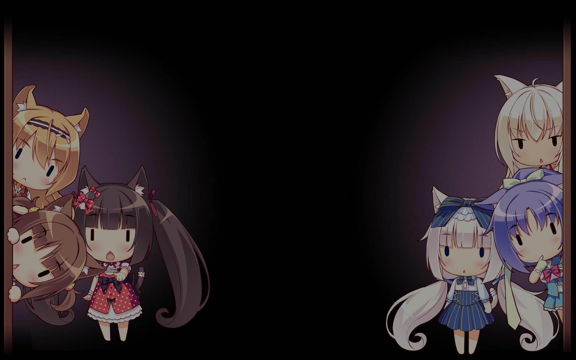 Nekopara 桌布 壁紙 — 五個帶貓耳的Q版動漫女孩在昏暗房間的黑暗角落偷看。