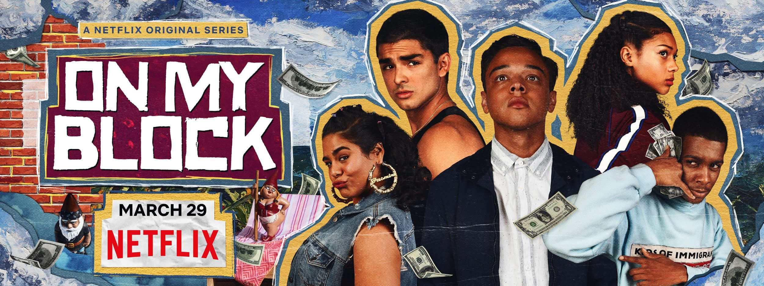 桌布 壁紙 — 五個年輕成年人，金錢在他們周圍飄浮，站在一面帶有《On My Block》Netflix標誌的磚牆前。