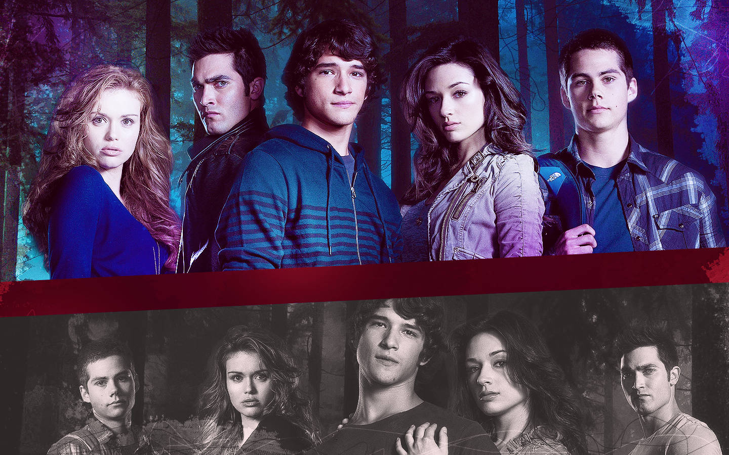 teen wolf 桌布 壁紙 — 五個年輕成年人站在陰暗的森林中，帶有憂鬱的藍色和紫色燈光，一半彩色一半黑白。