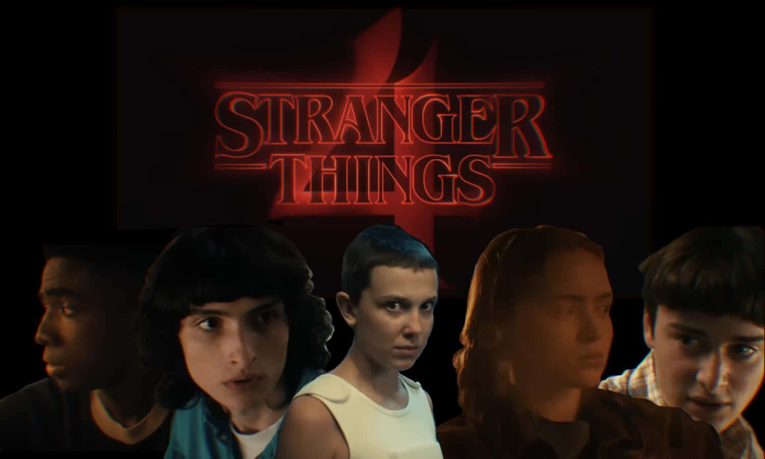 Stranger Things 4 桌布 壁紙 — 五個年輕角色在黑暗背景上發光的紅色Stranger Things標誌下專注地凝視。