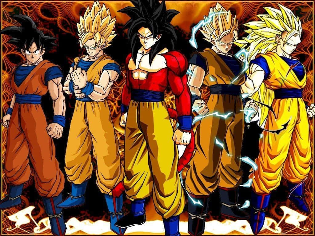 Goku Super Saiyan 4 桌布 壁紙 — 五個強大的賽亞人戰士穿著標誌性的橙色和藍色道服，在旋轉的橙色和黑色背景下擺出熾熱的戰鬥姿勢。