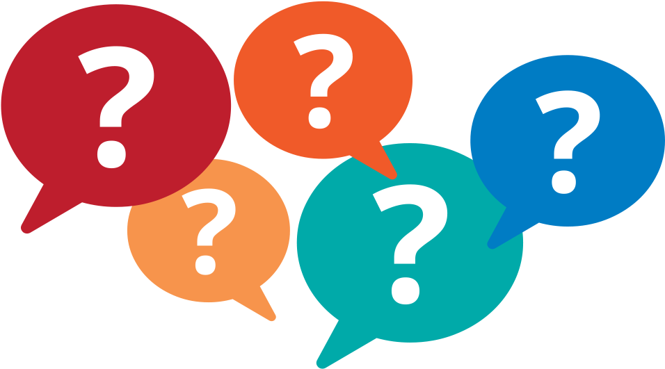 Questions 桌布 壁紙 — 五個彩色對話氣泡帶有白色問號，漂浮在黑色背景上。