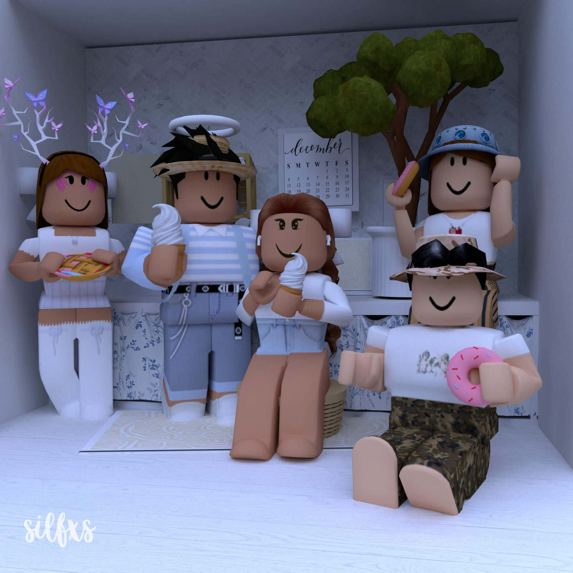 Roblox Bff 桌布 壁紙 — 五個微笑的 Roblox 風格頭像在一個舒適的房間裡享用甜點，房間裡有樹和蝴蝶裝飾。