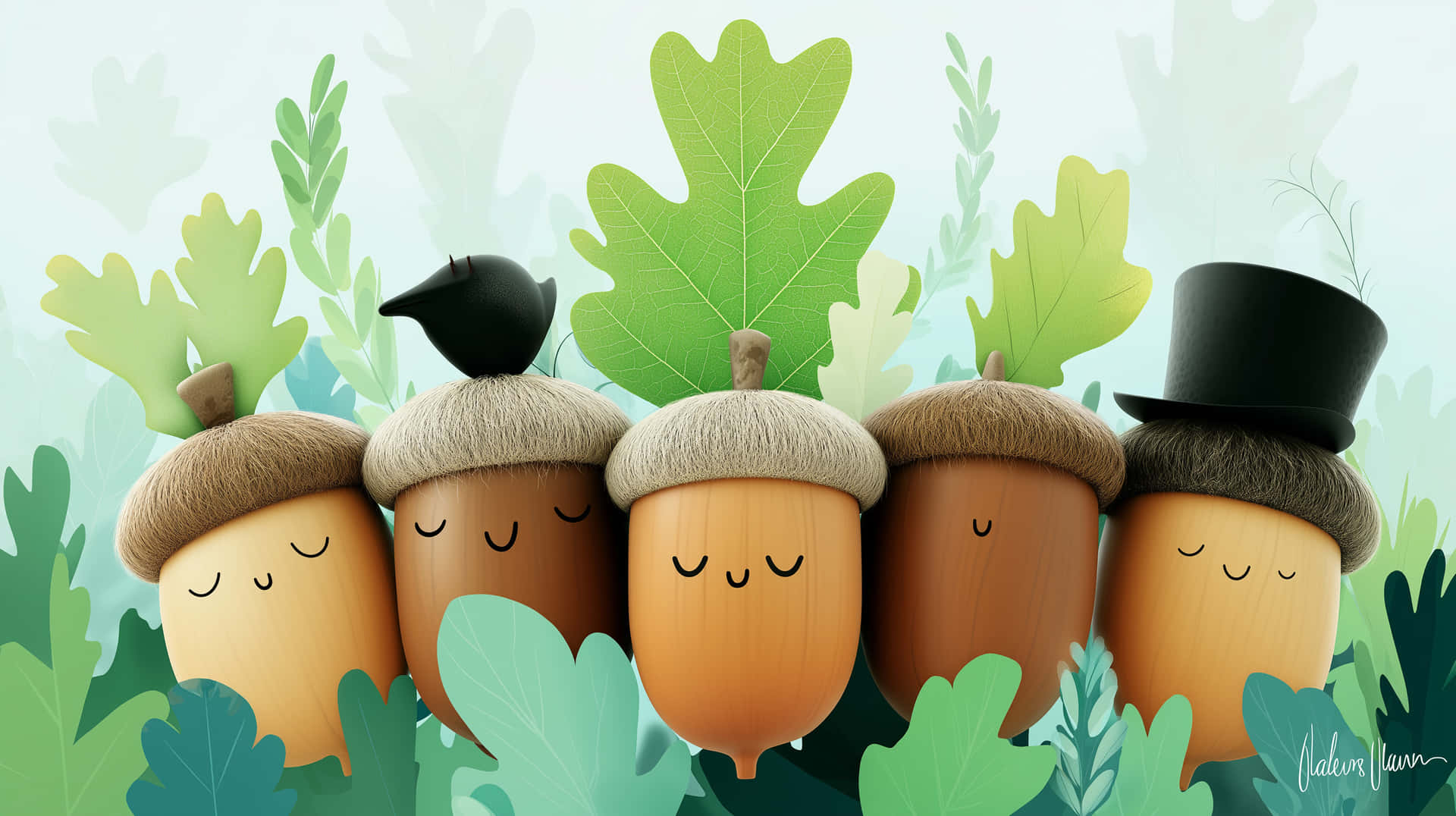 Whimsical Acorn Friends Gathered Among Lush Greenery 壁紙 — 五個微笑的卡通橡子閉著眼睛站在綠色橡樹葉中，一個戴著高頂帽，另一個帽子上棲著一隻鳥。