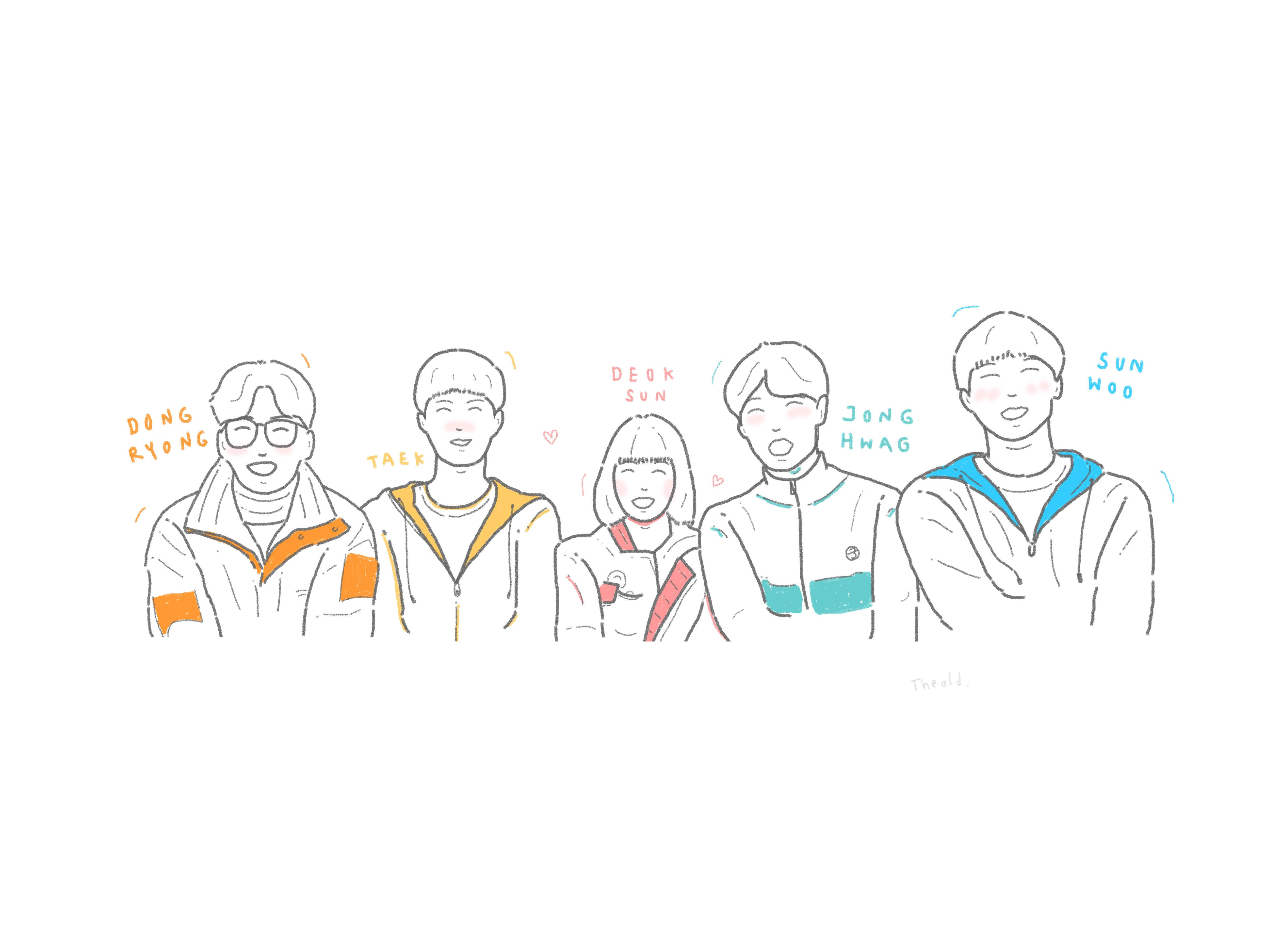 Reply 1988 桌布 壁紙 — 五個微笑的插圖朋友穿著休閒外套，頭頂上方有名字，背景為純白色。