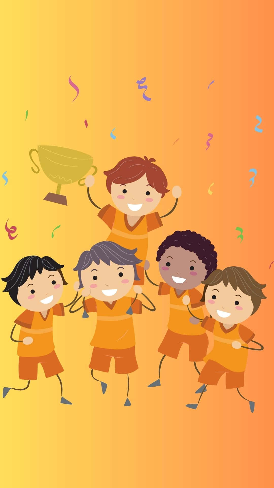 運動 桌布 壁紙 — 五個快樂的卡通小孩穿著橙色制服，在溫暖的漸變背景上，用獎盃和彩色紙屑慶祝。