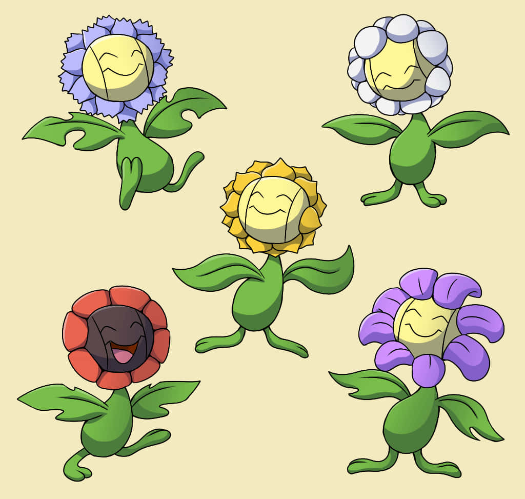 Flowers 桌布 壁紙 — 五個快樂的卡通花朵生物，帶著微笑的臉孔和色彩繽紛的花瓣，站在米色背景前。