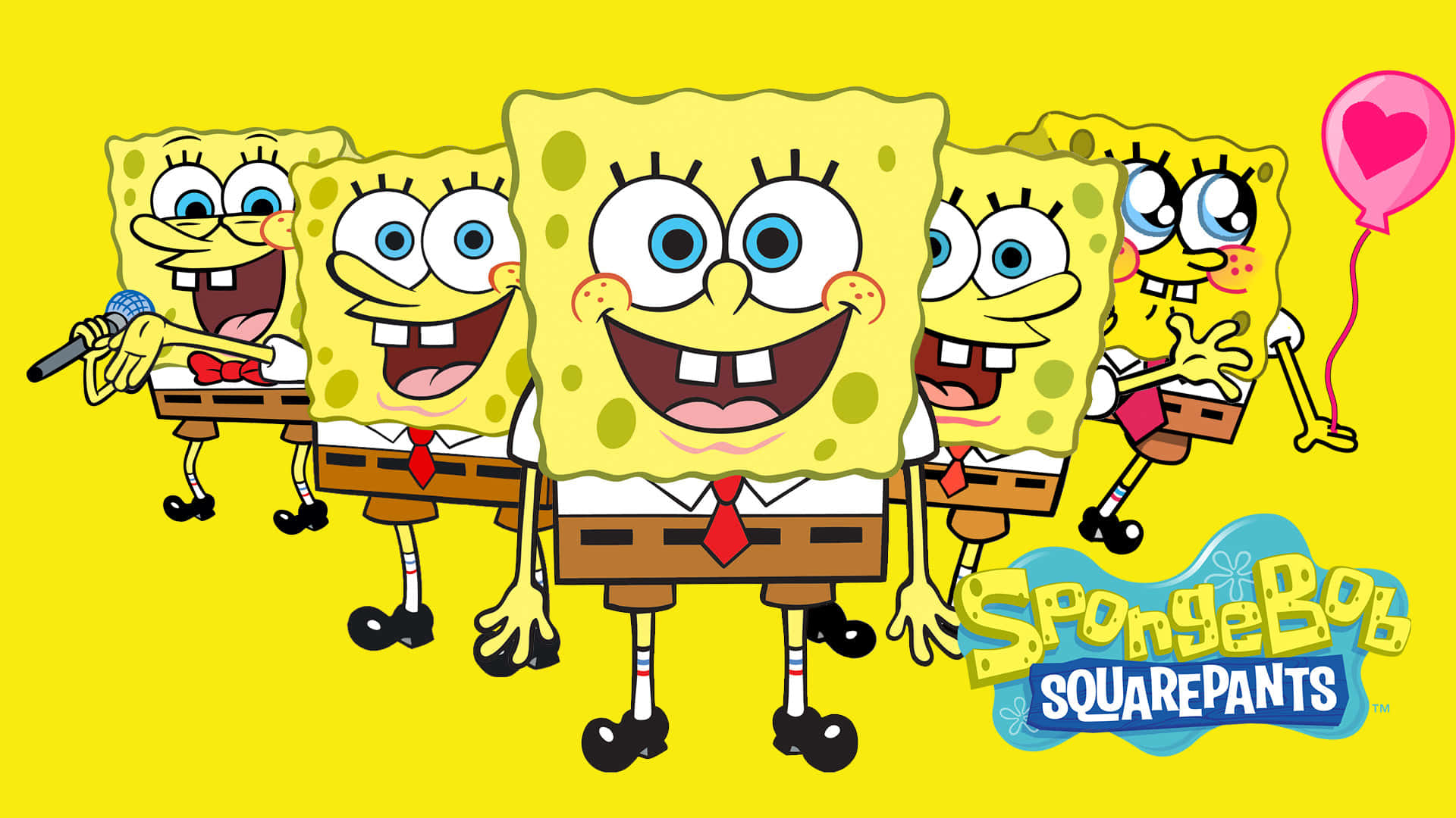 Spongebob Characters 桌布 壁紙 — 五個快樂的海綿寶寶角色穿著相同的服裝，在明亮的黃色背景前拿著粉紅色心形氣球擺姿勢。