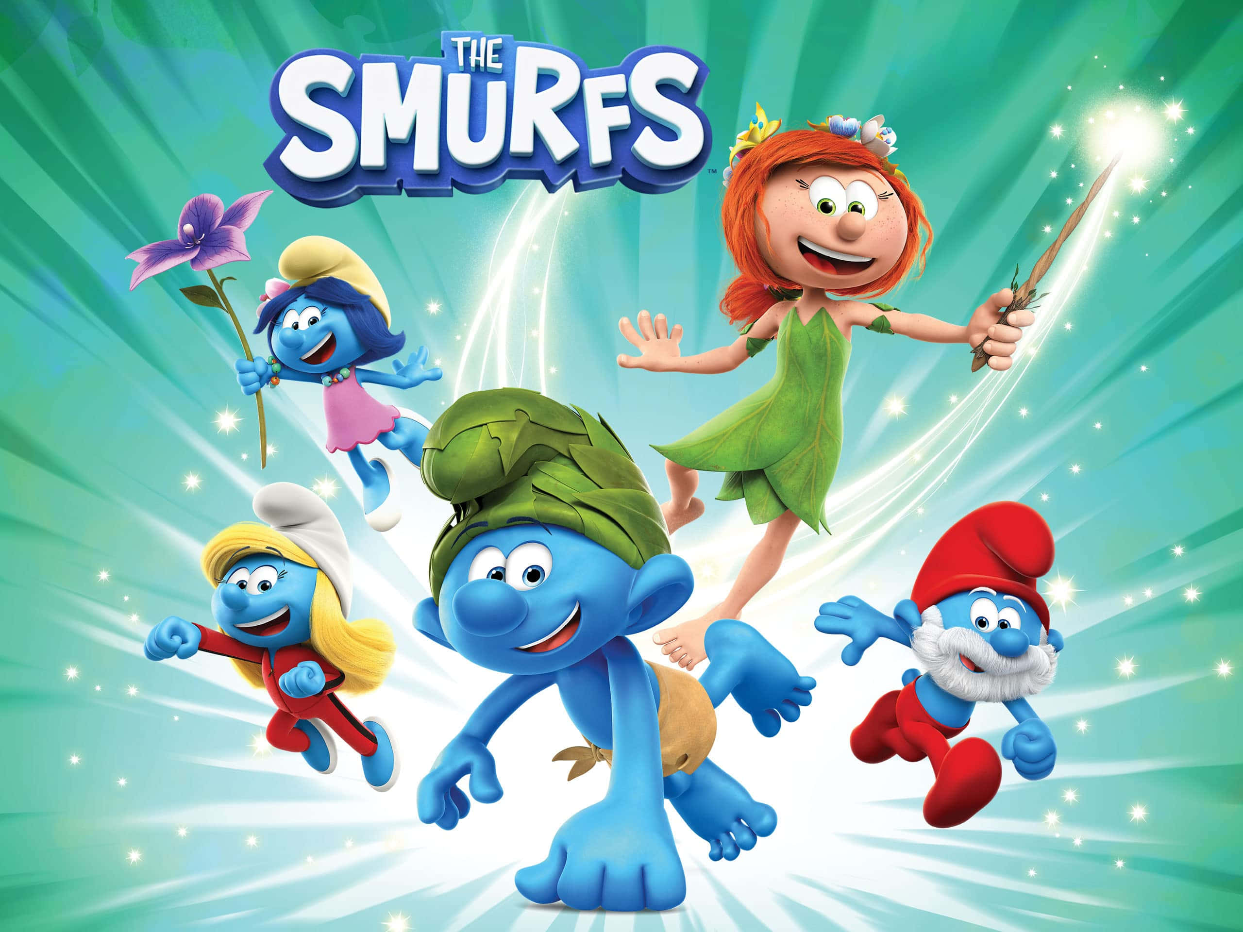 Smurf 桌布 壁紙 — 五個快樂的藍色小精靈和小美人在燦爛的綠色和藍色星爆背景下歡快地飛翔。