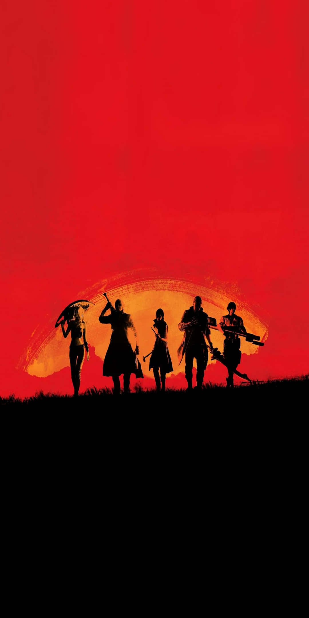Red Dead Redemtion 2 桌布 壁紙 — 五個戰士剪影站在山頂上，背景是火紅的日落天空，手持武器。