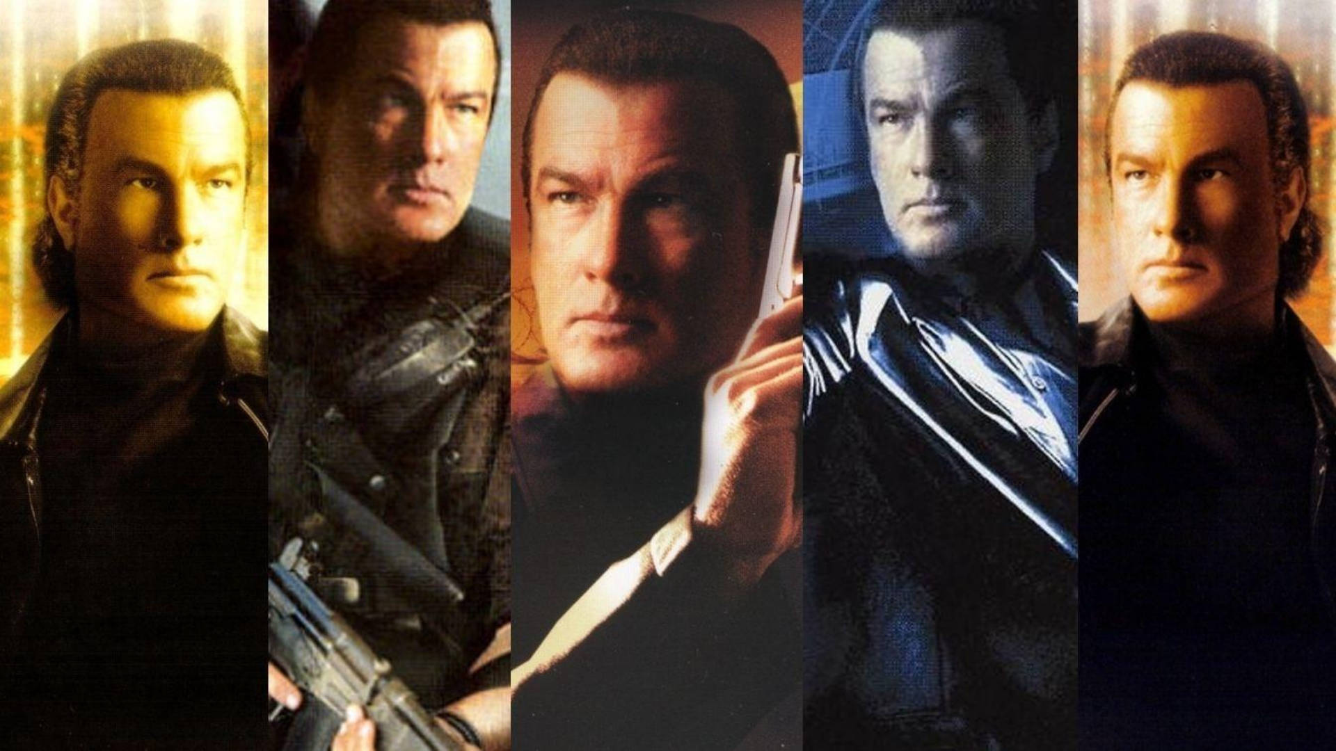 Steven Seagal 桌布 壁紙 — 五個戲劇性的特寫鏡頭，捕捉一名男子在不同姿勢和燈光下持槍的強烈表情。
