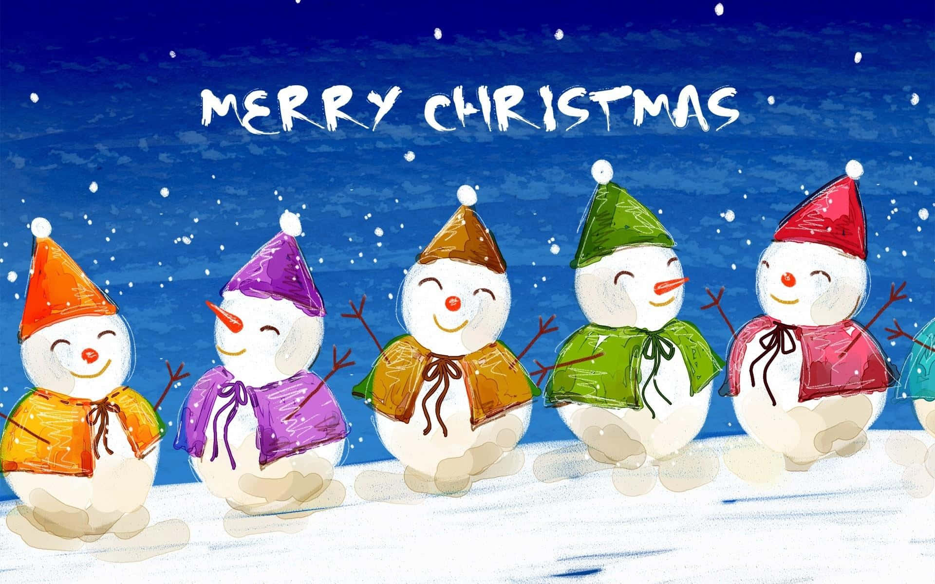 Cartoon 桌布 壁紙 — 五個戴著彩色帽子和圍巾的快樂雪人站在雪地上，深藍色的天空下雪花飄落，並有「MERRY CHRISTMAS」文字。