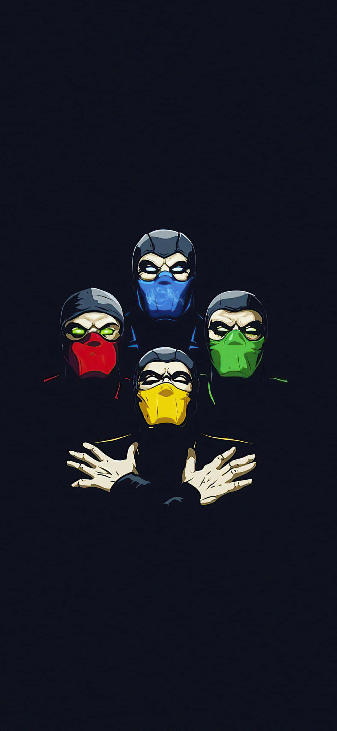 Mortal Kombat iPhone 桌布 壁紙 — 五個戴著紅色、藍色、綠色和黃色面罩的蒙面忍者，在深色背景前以金字塔隊形站立。