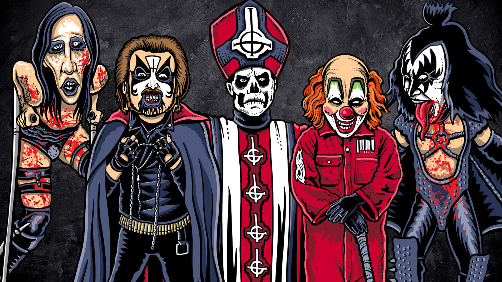 Horror Icons 桌布 壁紙 — 五個戴著面具和血跡的怪誕卡通人物，在黑暗的紋理背景前威嚇地站立。