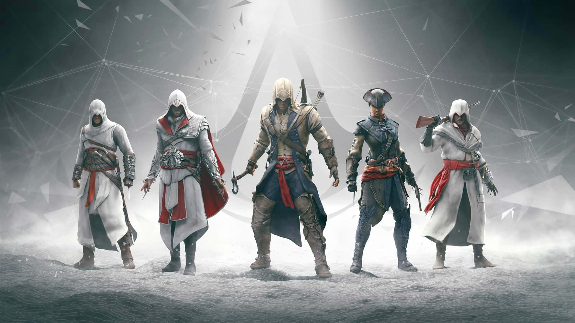 Best Gaming 桌布 壁紙 — 五個戴頭巾的白袍刺客站在一個迷霧、幾何圖案的數位景觀中。