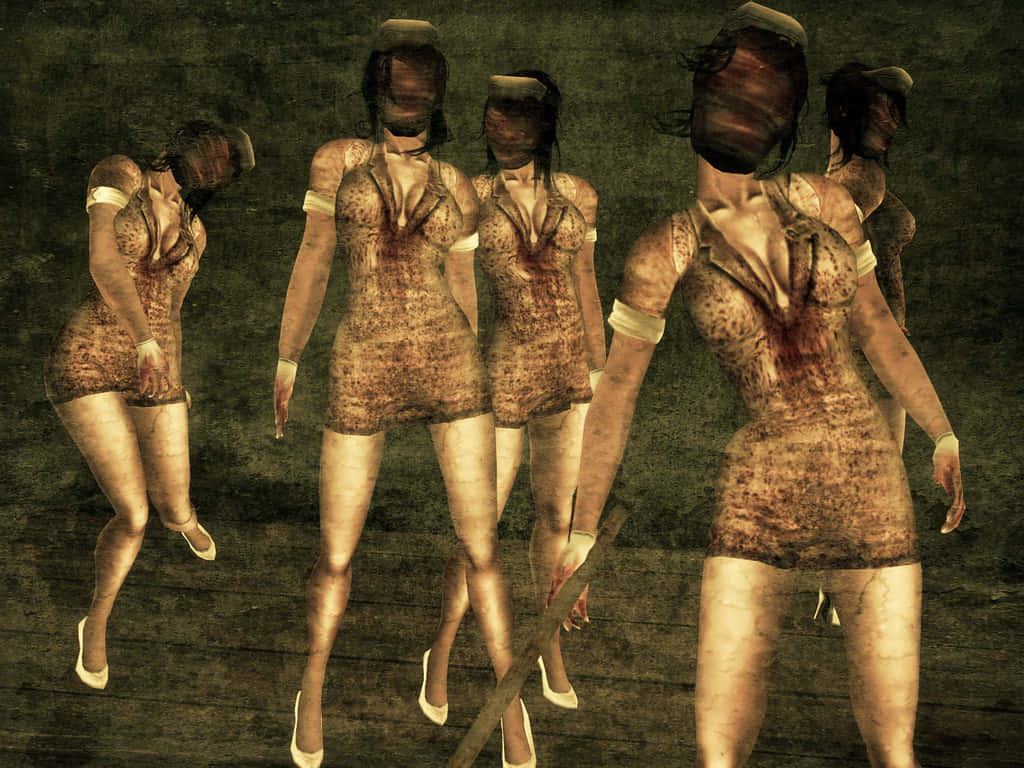 Silent Hill Characters 桌布 壁紙 — 五個扭曲的女性身影穿著破爛的裙子，站在一個光線昏暗、有血跡和木地板的房間裡。