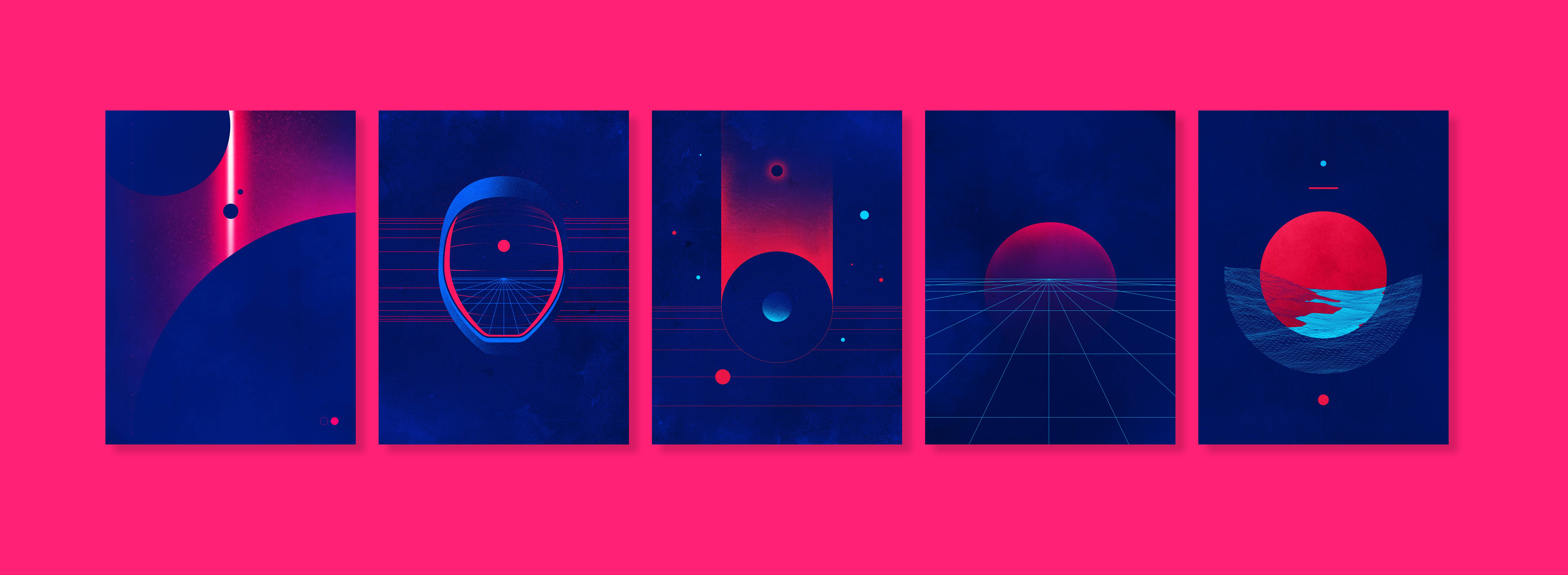 Outrun 桌布 壁紙 — 五個抽象數位面板，帶有發光的紅色和藍色幾何形狀及網格線，背景為鮮豔的粉紅色。