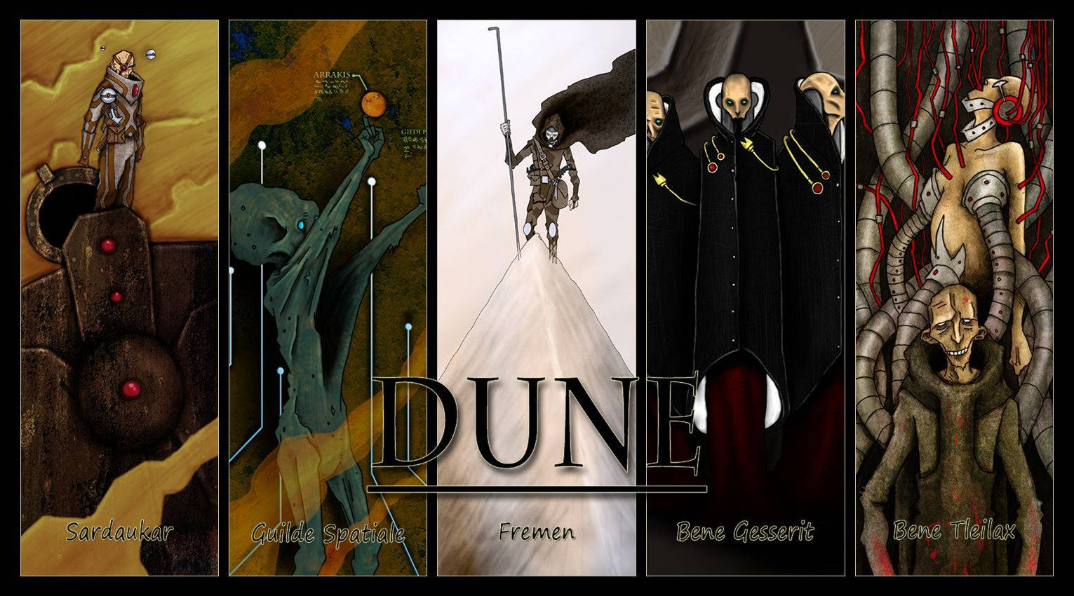 Dune Movie 桌布 壁紙 — 五個插圖面板描繪了《沙丘》角色：薩多卡、宇航公會領航員、弗雷曼人、貝尼·傑瑟里特和貝尼·特萊拉克斯，每個角色都有其獨特的服裝和場景。