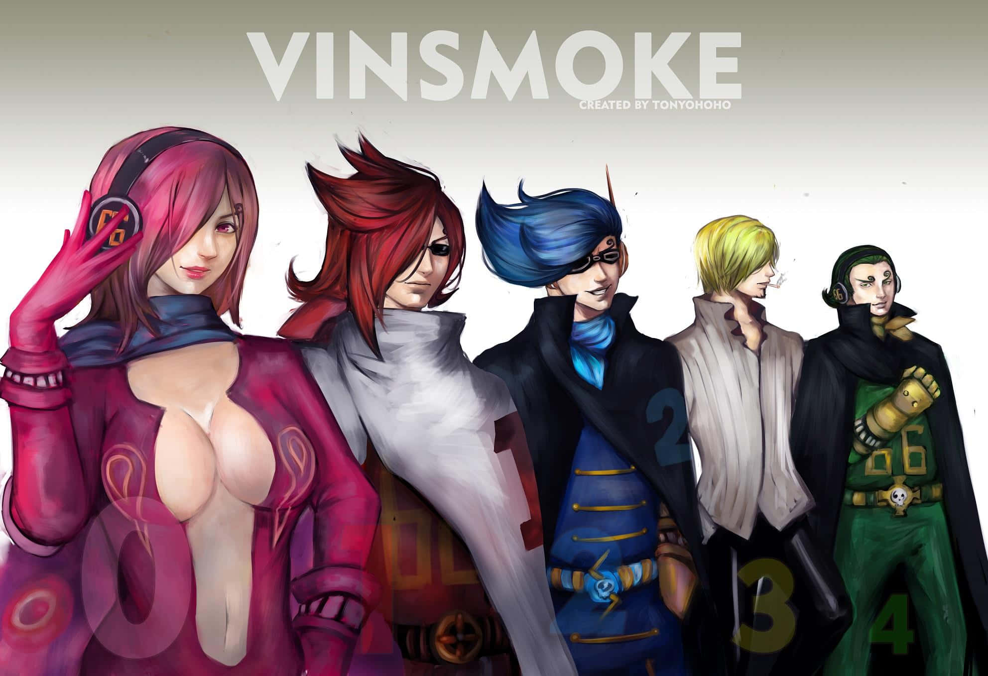 Vinsmoke Family 桌布 壁紙 — 五個擁有不同色彩鮮豔頭髮和服裝的動漫角色，在素色背景前站成一排。