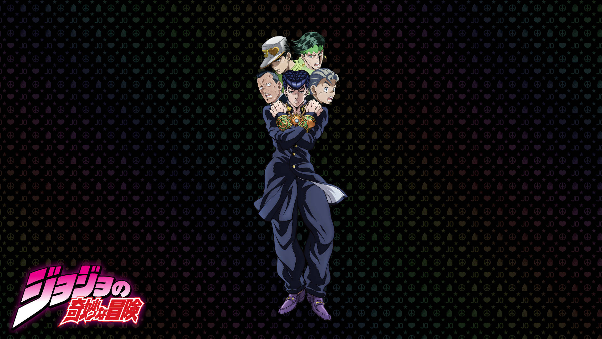 Josuke 桌布 壁紙 — 五個擁有不同髮型和服裝的動漫角色，在帶有重複符號的深色背景前擺出動態姿勢。