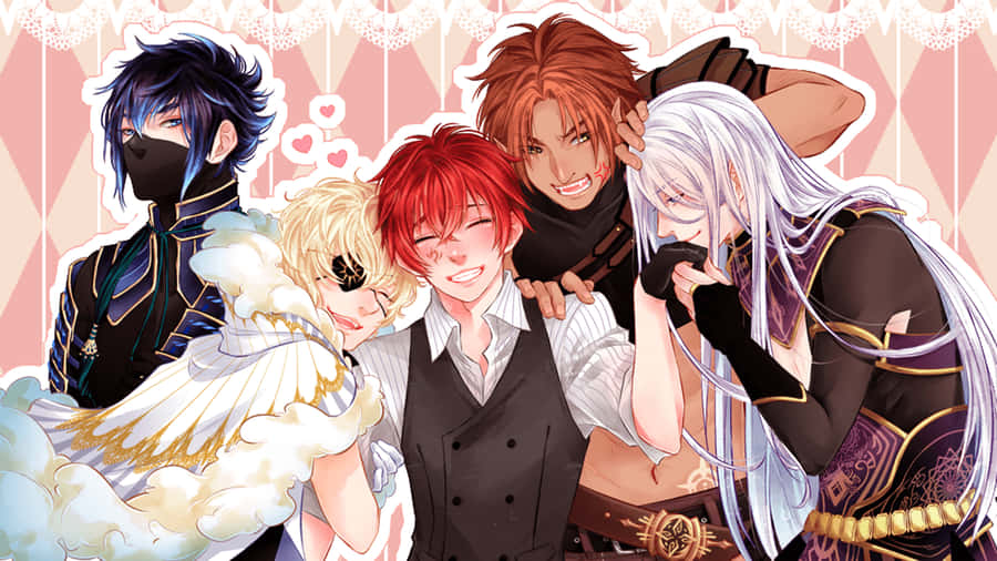 Gay Anime 桌布 壁紙 — 五個擁有不同髮色和服裝的動漫角色在粉紅色心形圖案背景前緊密地擺姿勢。