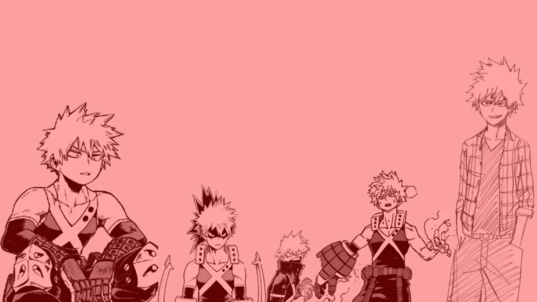 Cute Bakugou 桌布 壁紙 — 五個擁有尖刺頭髮的動漫角色，在風格化的線條藝術插圖中，站在純粉紅色背景前。