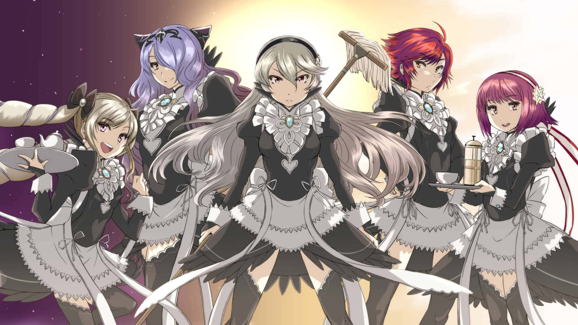 五個擁有翅膀和奇幻頭髮的動漫女僕在星空下拿著托盤。 — Fire Emblem Warriors 壁紙