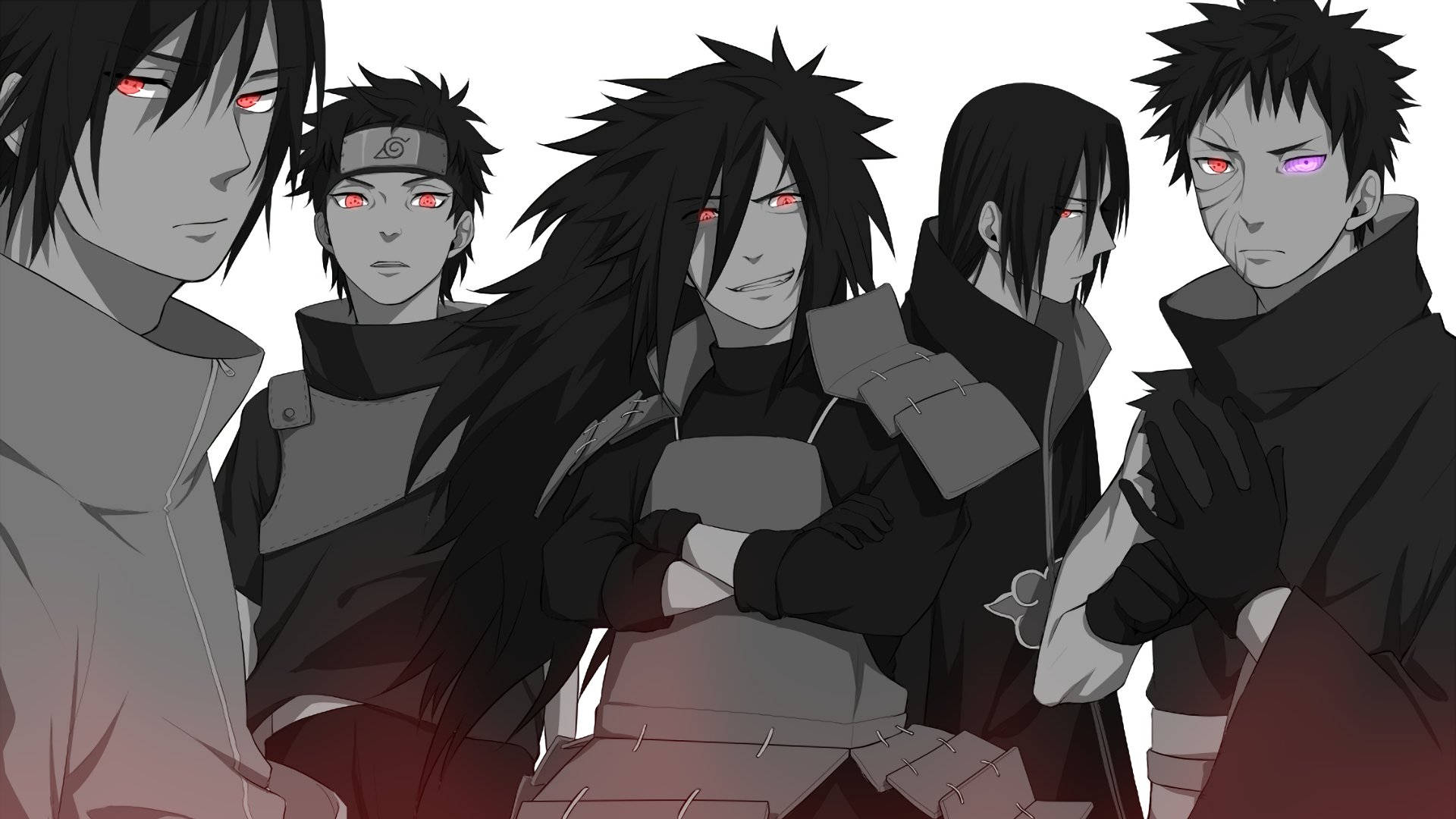 Shisui 桌布 壁紙 — 五個擁有發光紅色或紫色眼睛的動漫角色，在白色背景前以黑暗風格化的群像站立。