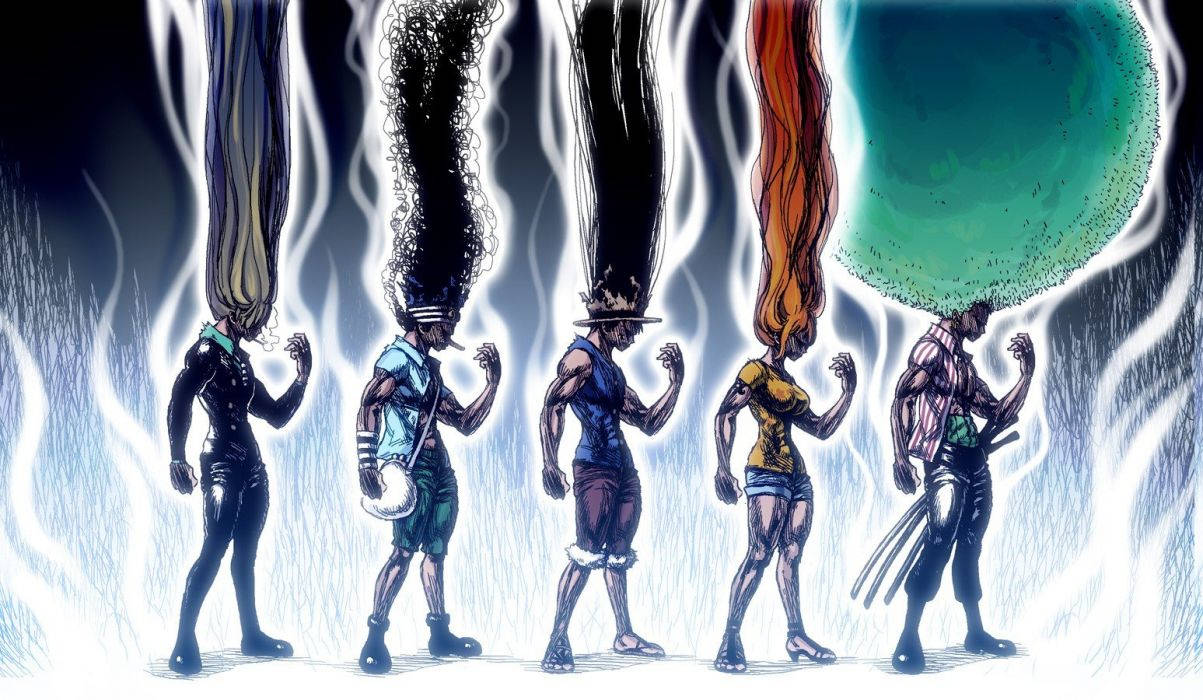 one piece usopp 桌布 壁紙 — 五個擁有超大、獨特顏色頭髮的動漫角色，在旋轉的白色和深色背景前站成一排。