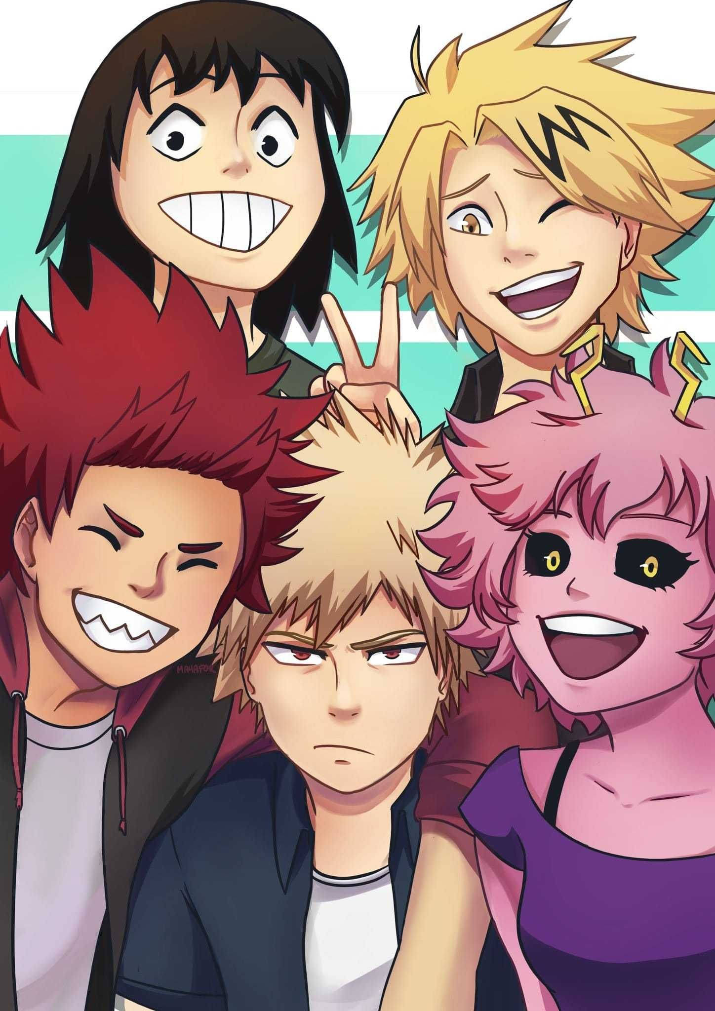Bakusquad 桌布 壁紙 — 五個擁有鮮豔髮色和表情豐富的動漫角色，在青綠色和白色條紋背景前開心地擺姿勢。