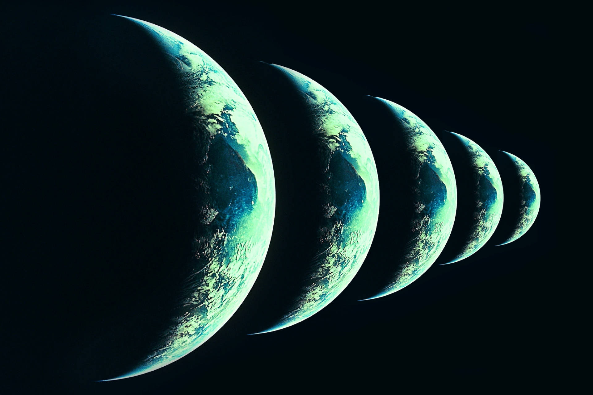 多重宇宙 桌布 壁紙 — 五個新月形地球排成一排，逐漸退入太空，在黑色虛空中閃耀著藍綠色海洋和黑暗大陸。