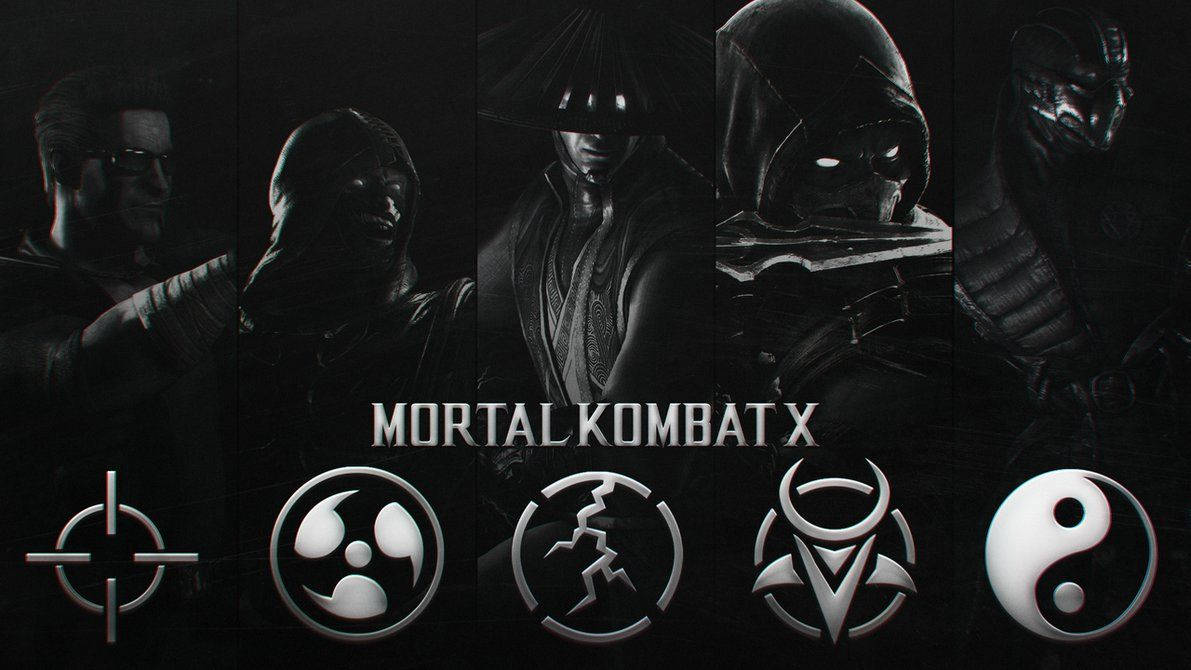 真人快打 桌布 壁紙 — 五個昏暗燈光的Mortal Kombat X戰士以剪影站在黑色背景前，下方有發光符號。