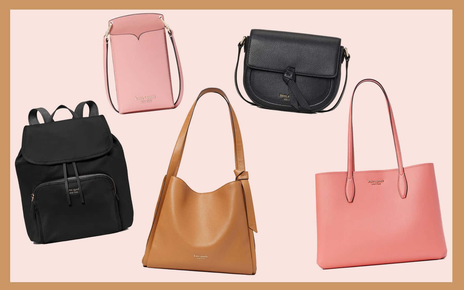 kate spade 桌布 壁紙 — 五個時尚手提包和一個後背包，採用粉紅色、黑色和棕褐色皮革製成，整齊地排列在柔軟的米色背景上。