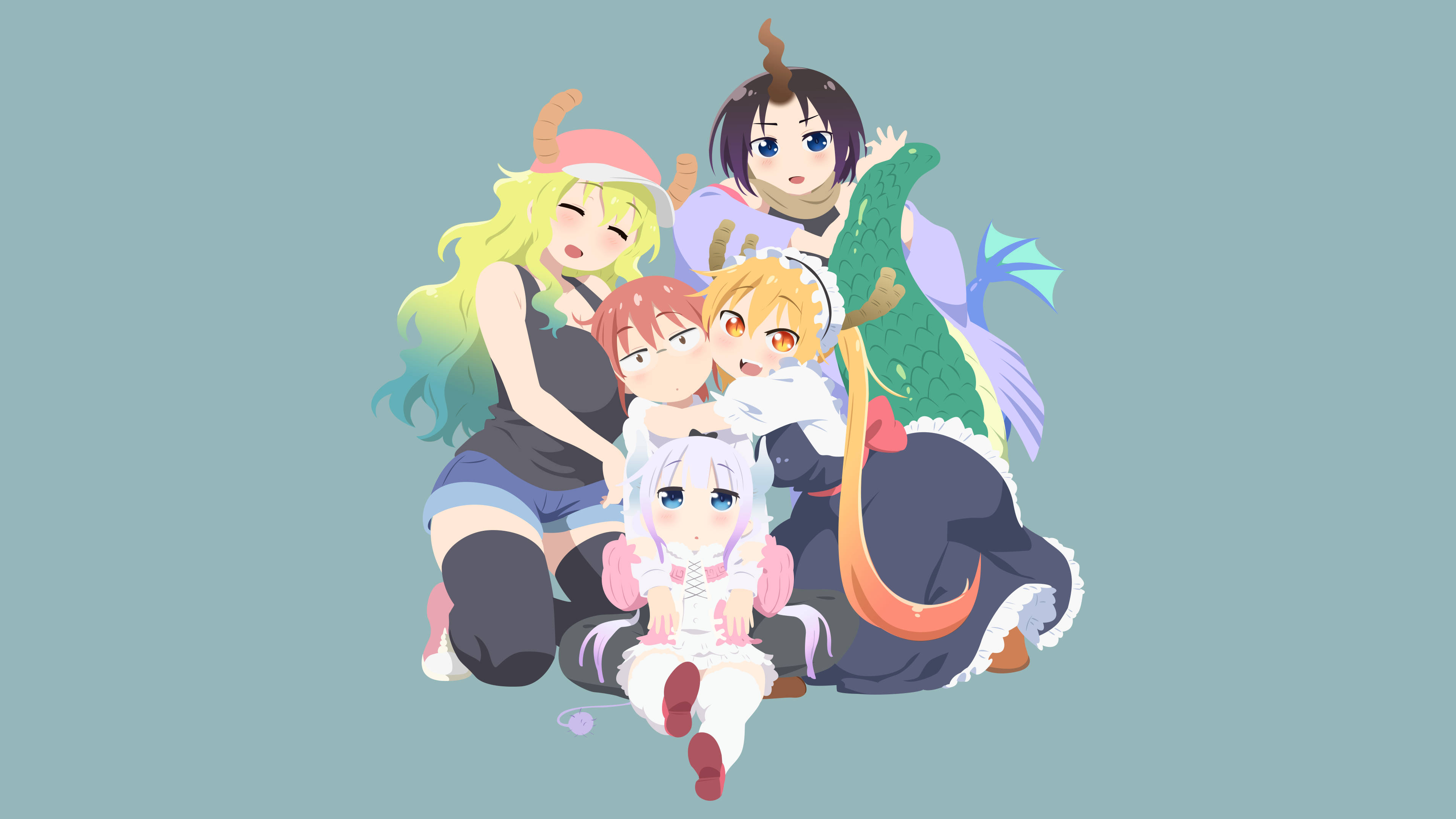Lucoa 桌布 壁紙 — 五個有角和尾巴的動漫女孩在純青色背景前一起擺姿勢，進行歡樂的群體擁抱。
