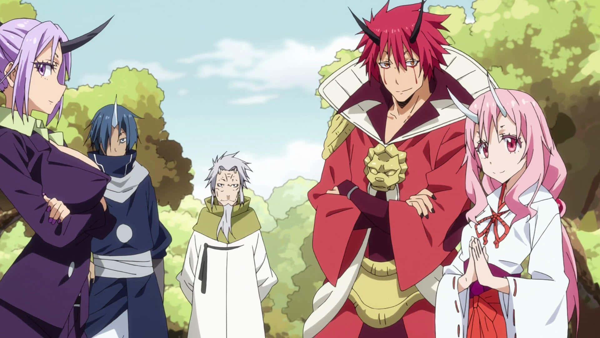 That Time I Got Reincarnated As A Slime 桌布 壁紙 — 五個有角的動漫角色站在明亮的天空下森林空地上。