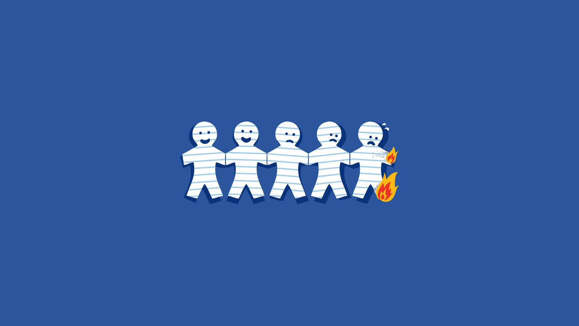 Humor 桌布 壁紙 — 五個條紋紙剪紙人物排成一線，顯示從快樂到憤怒的情緒轉變，末端火焰點燃。