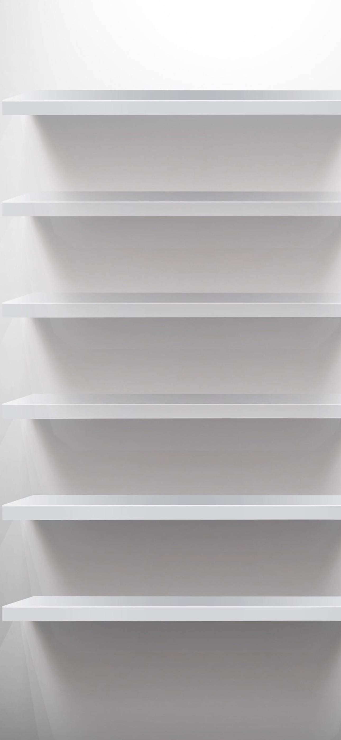 White iPhone 桌布 壁紙 — 五個極簡白色浮動層架在簡約現代室內的白牆上投下柔和陰影。
