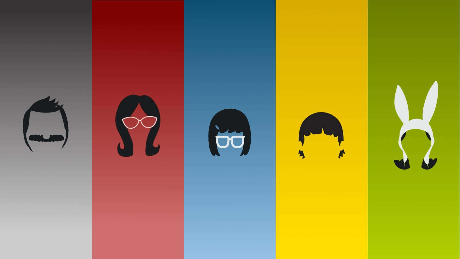 bob's burgers 桌布 壁紙 — 五個極簡角色剪影，擁有不同的髮型和配飾，站在鮮豔的垂直色塊前。