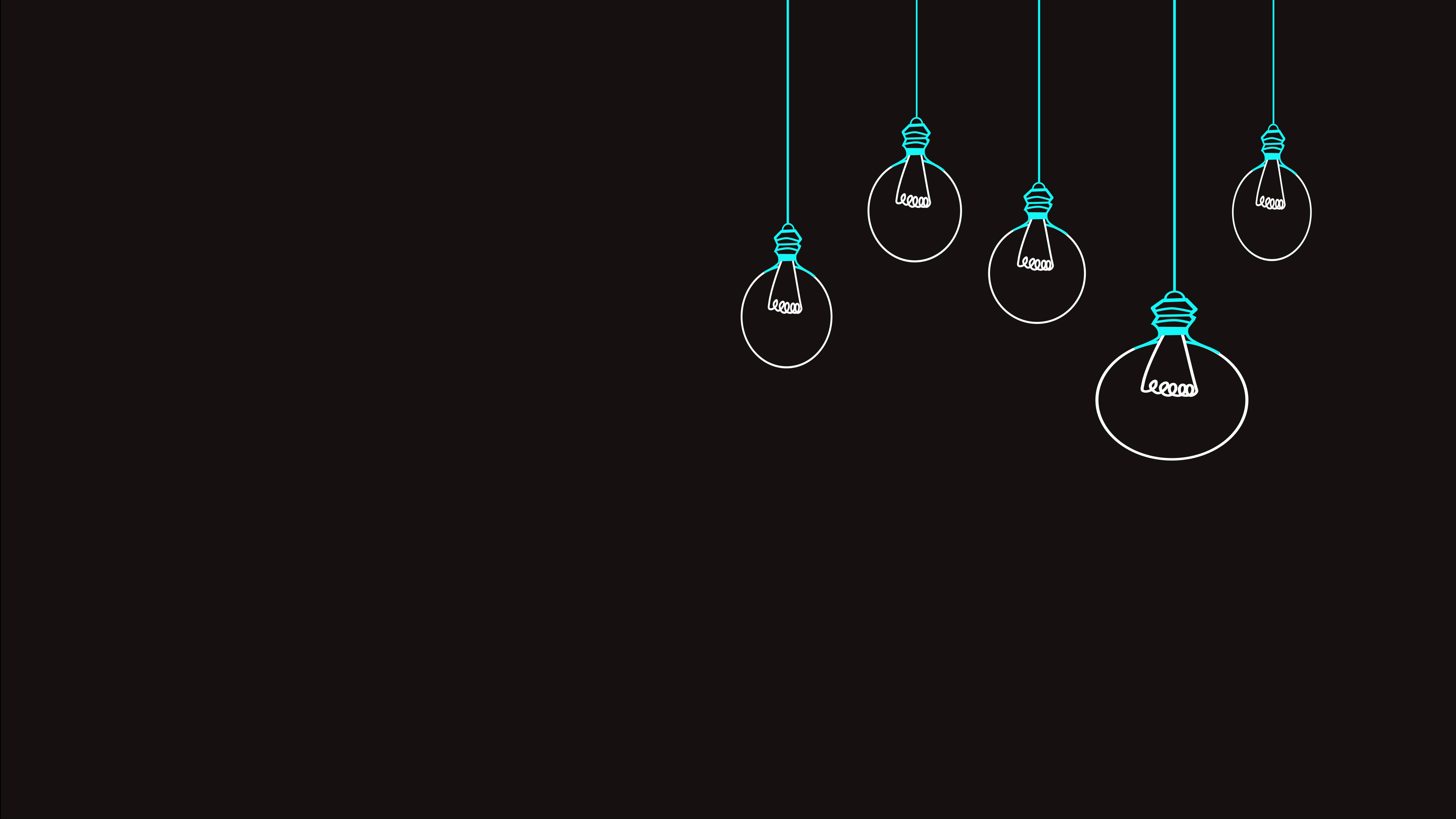 極簡動態 桌布 壁紙 — 五個極簡風格的燈泡懸掛在青綠色的電線上，背景為黑色，發出簡單的白色輪廓光。