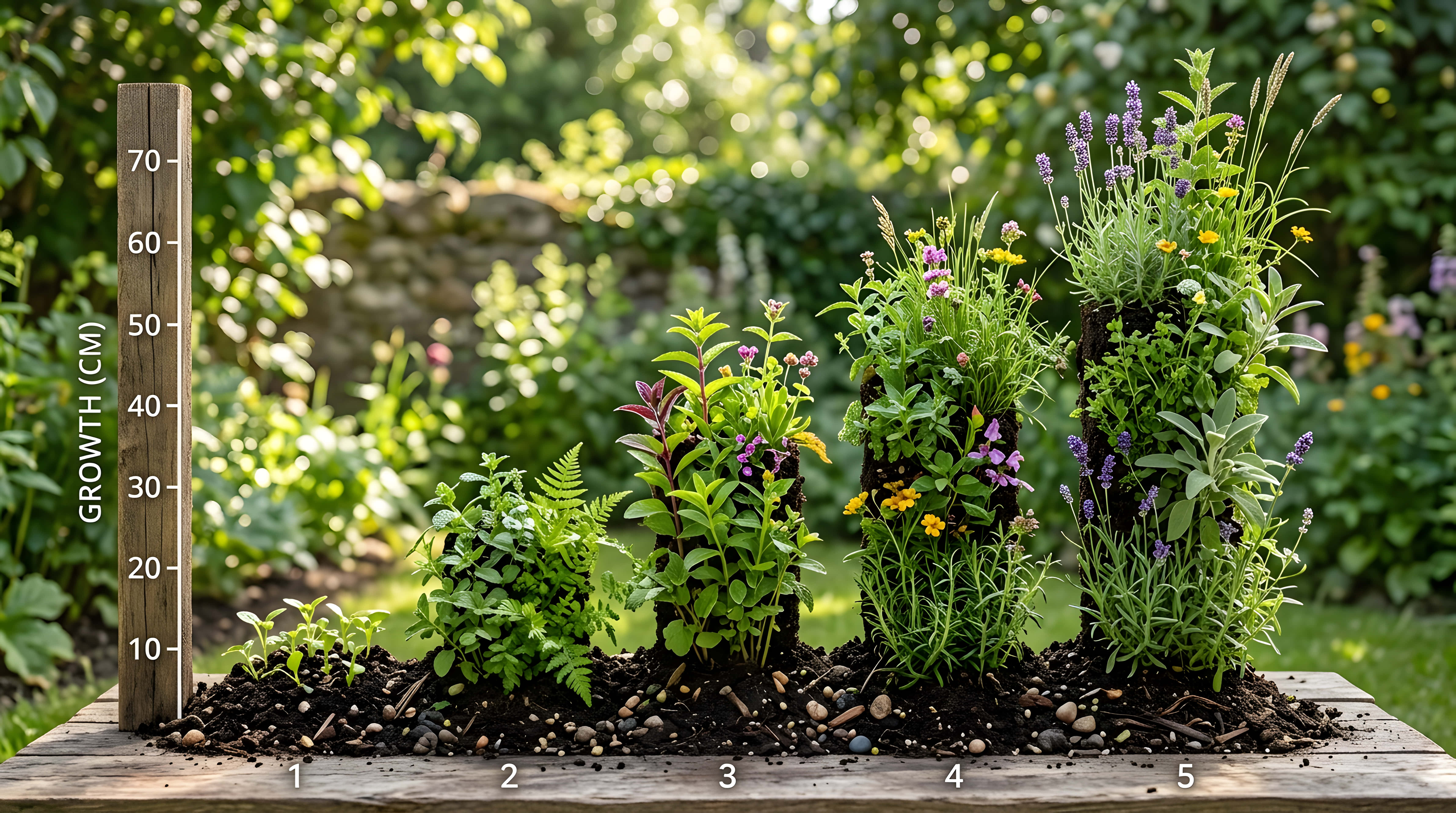 Garden 桌布 壁紙 — 五個標記的植物生長階段顯示在木桌上，附有高度圖表，在陽光明媚的花園中。