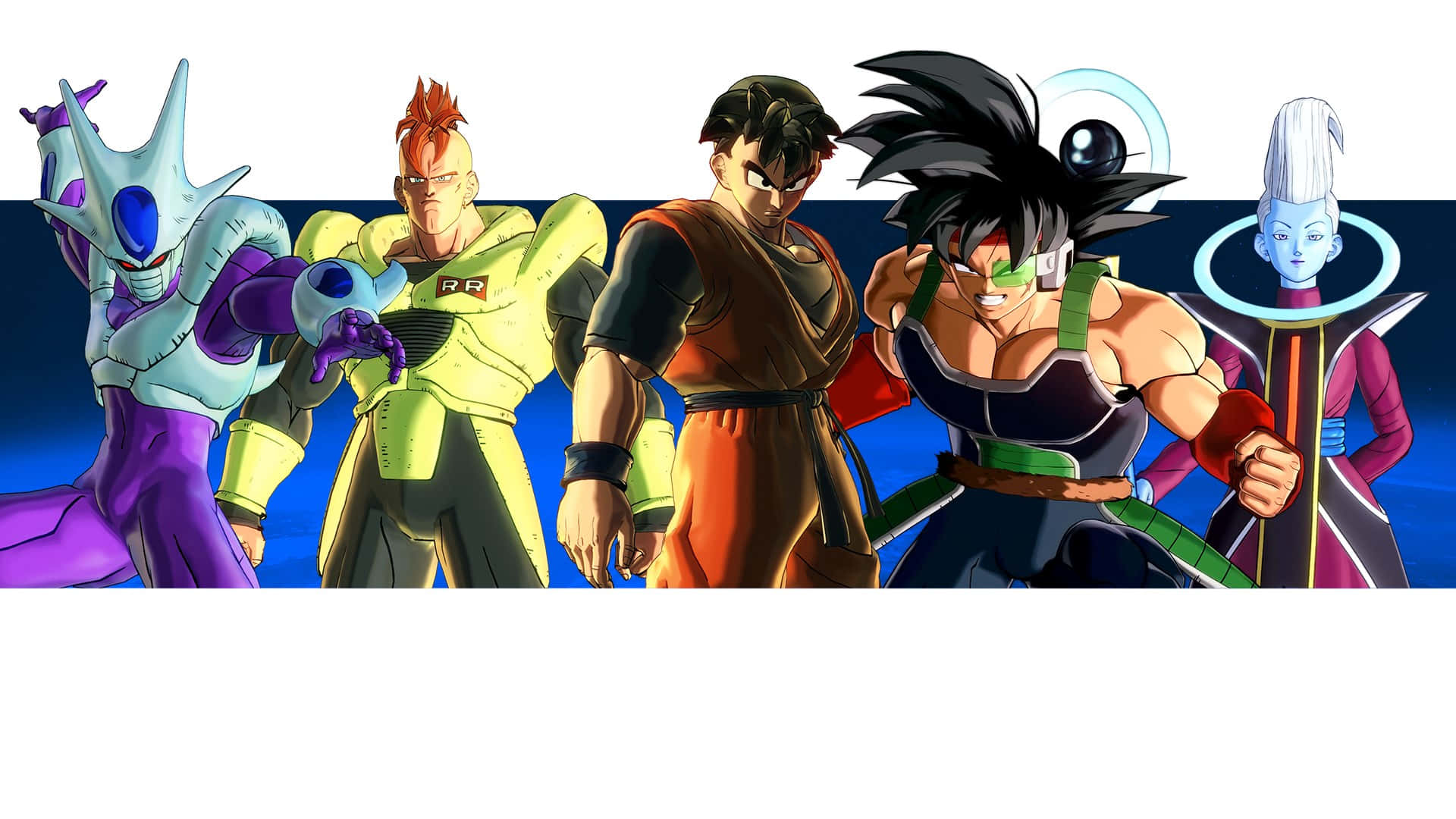 Dragon Ball Xenoverse 2 桌布 壁紙 — 五個標誌性的七龍珠角色以動態陣容站在深藍色漸變背景前。