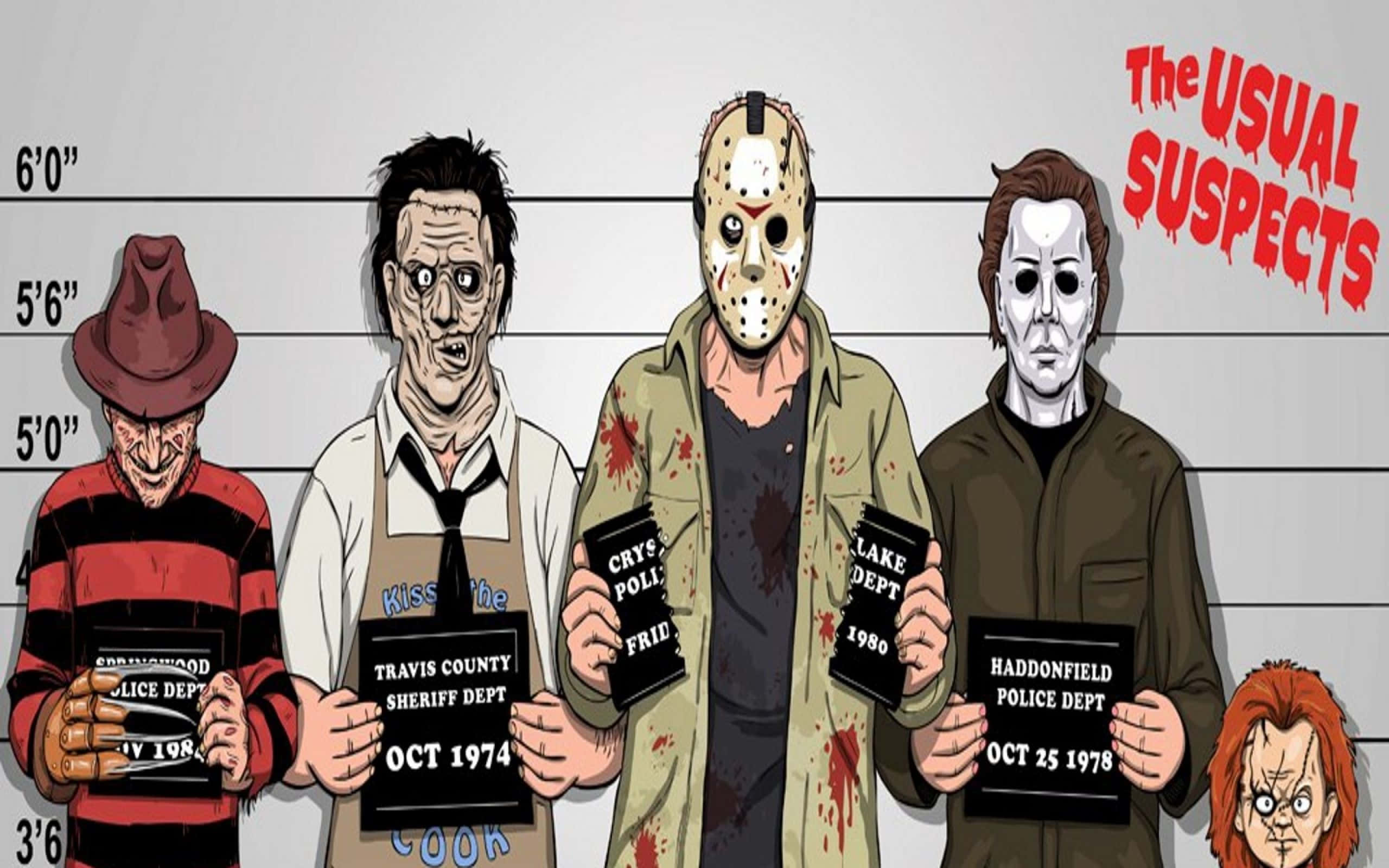 Cartoon Horror 桌布 壁紙 — 五個標誌性的恐怖反派在警察疑犯列隊中擺姿勢，手持帶有電影日期的假警察預約單。