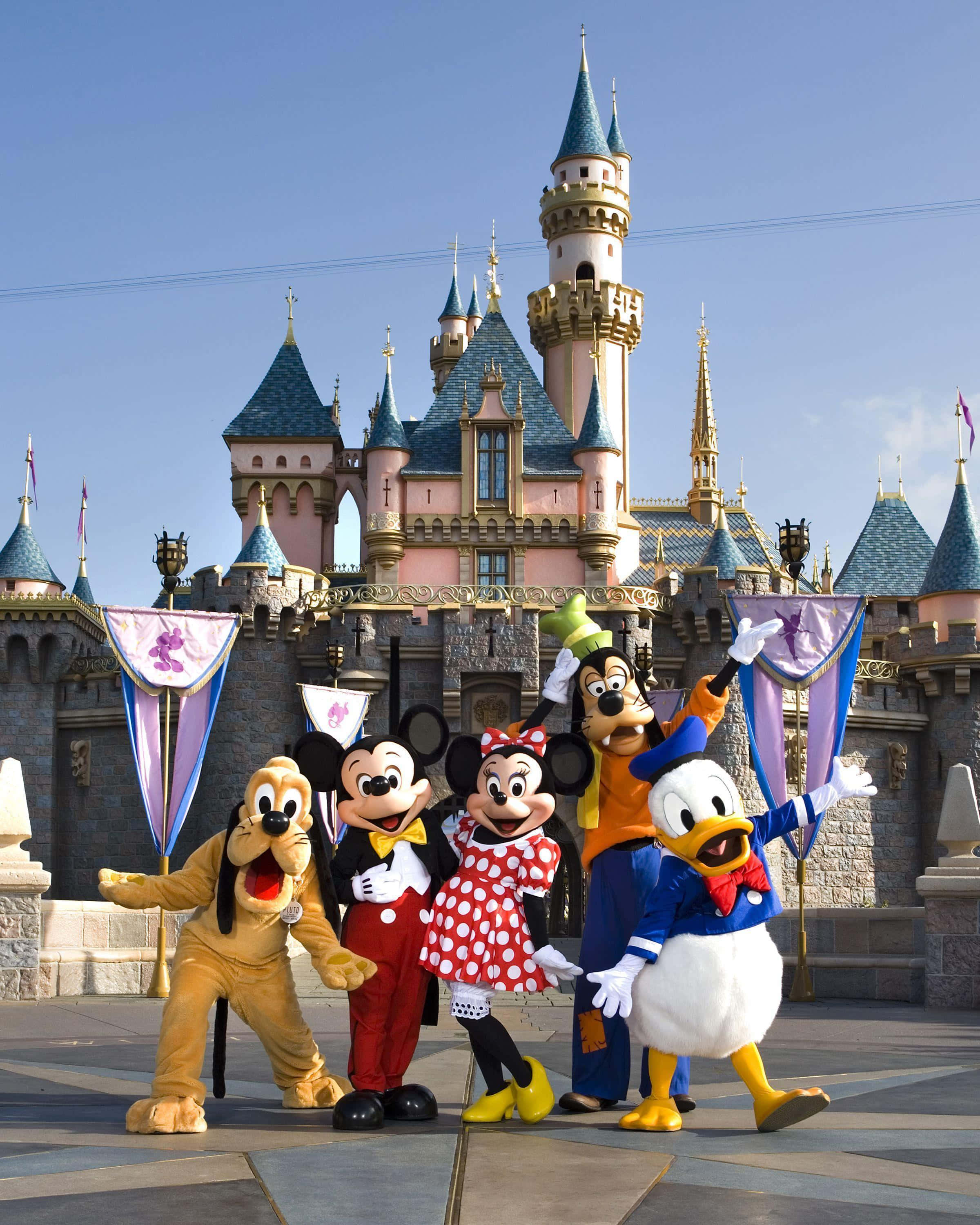 Disneyland 桌布 壁紙 — 五個標誌性的迪士尼角色在晴朗的藍天下，在一座宏偉的粉紅色城堡前開心地擺姿勢。