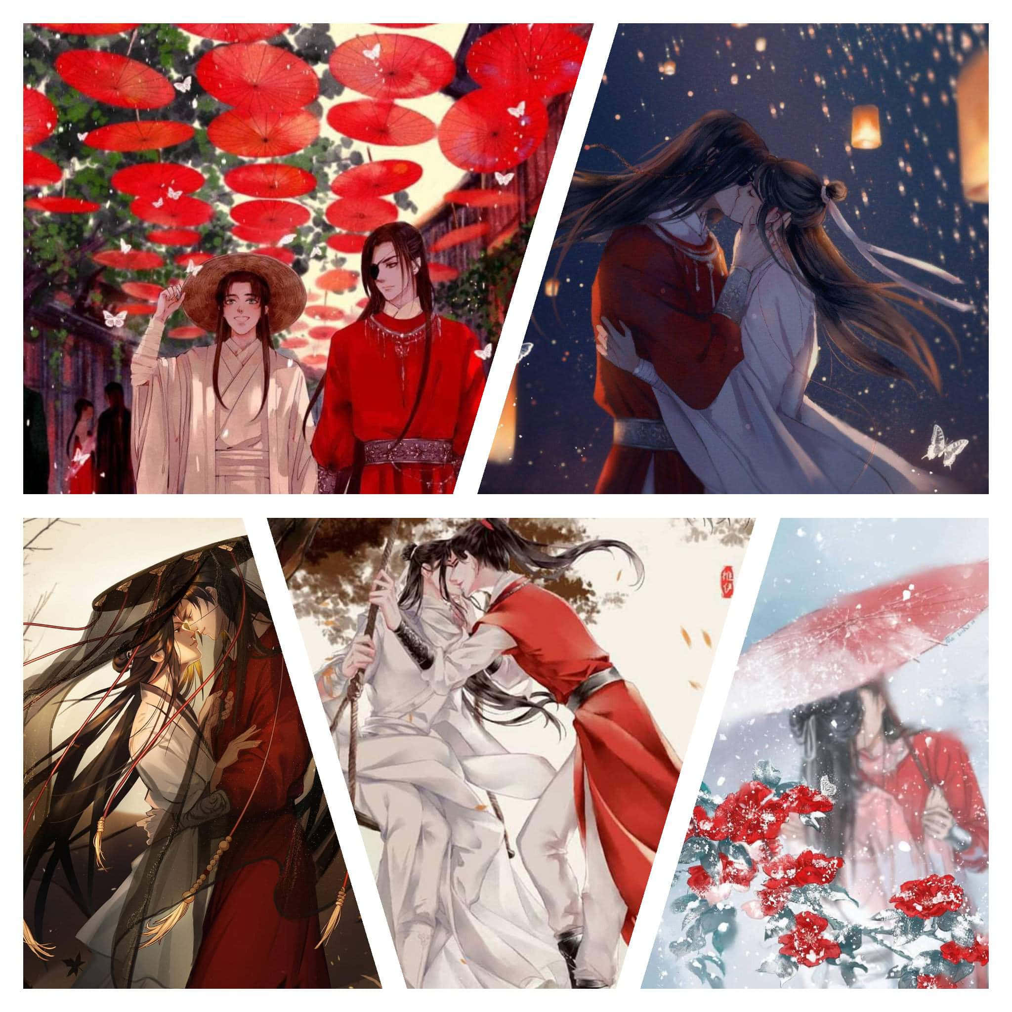 動漫 桌布 壁紙 — 五個浪漫動漫場景，情侶穿著傳統紅白長袍，在燈籠或雪下與蝴蝶相伴。