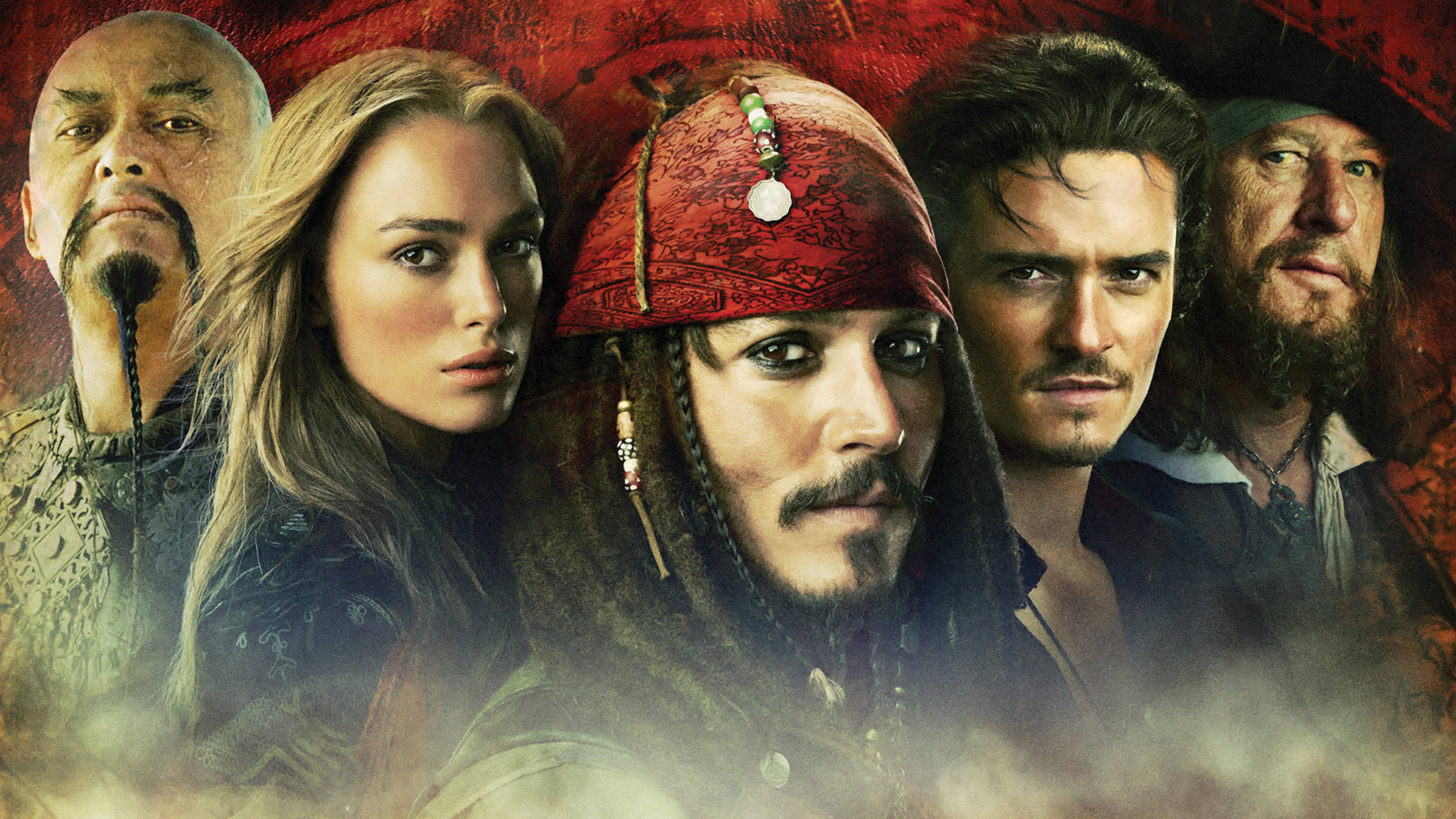 Pirates Of The Caribbean 桌布 壁紙 — 五個海盜和一個女人在煙霧彌漫的紅色背景上，帶有華麗圖案的特寫鏡頭。