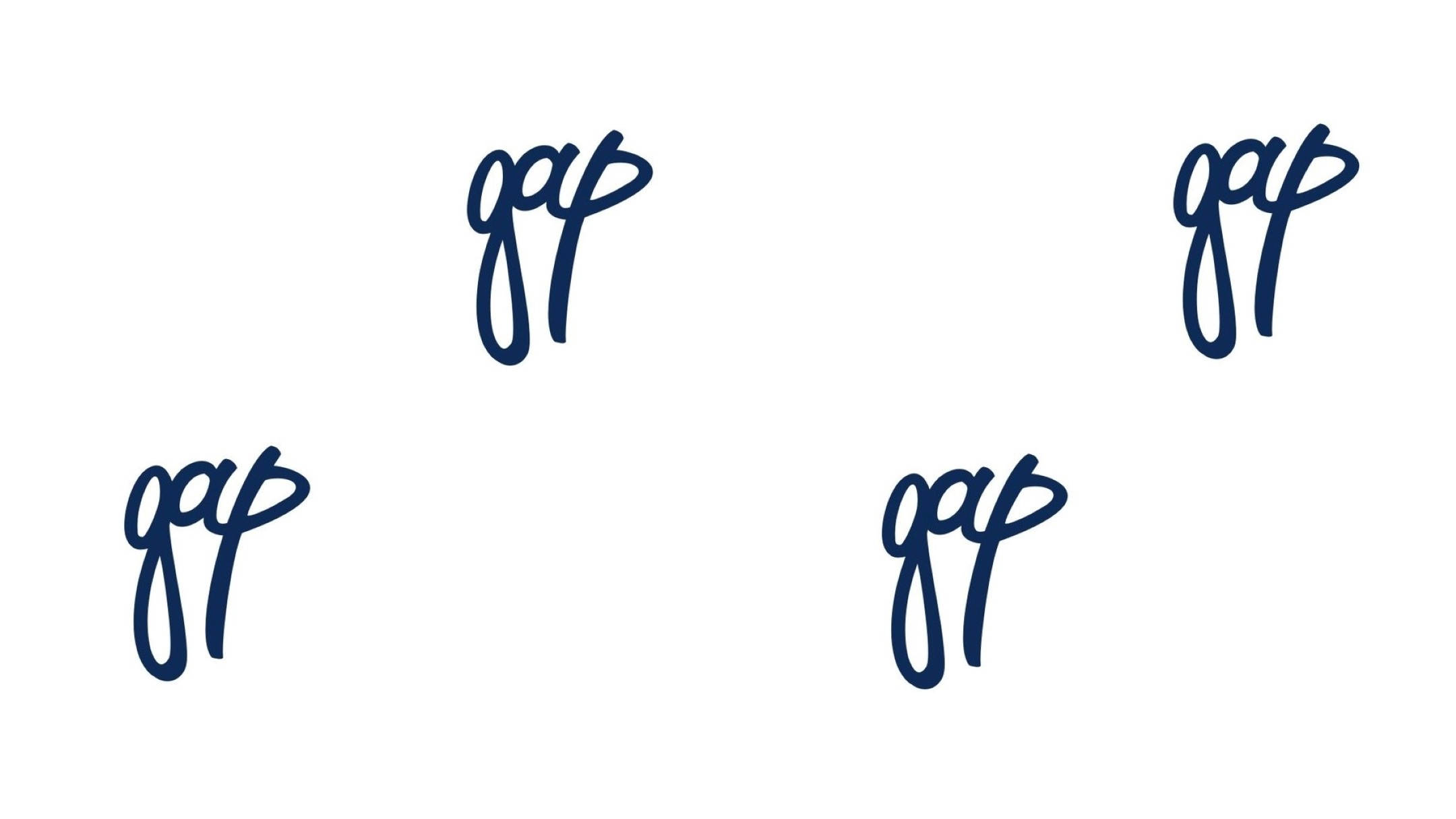 Gap 桌布 壁紙 — 五個海軍藍手寫「gap」標誌散落在潔白背景上。