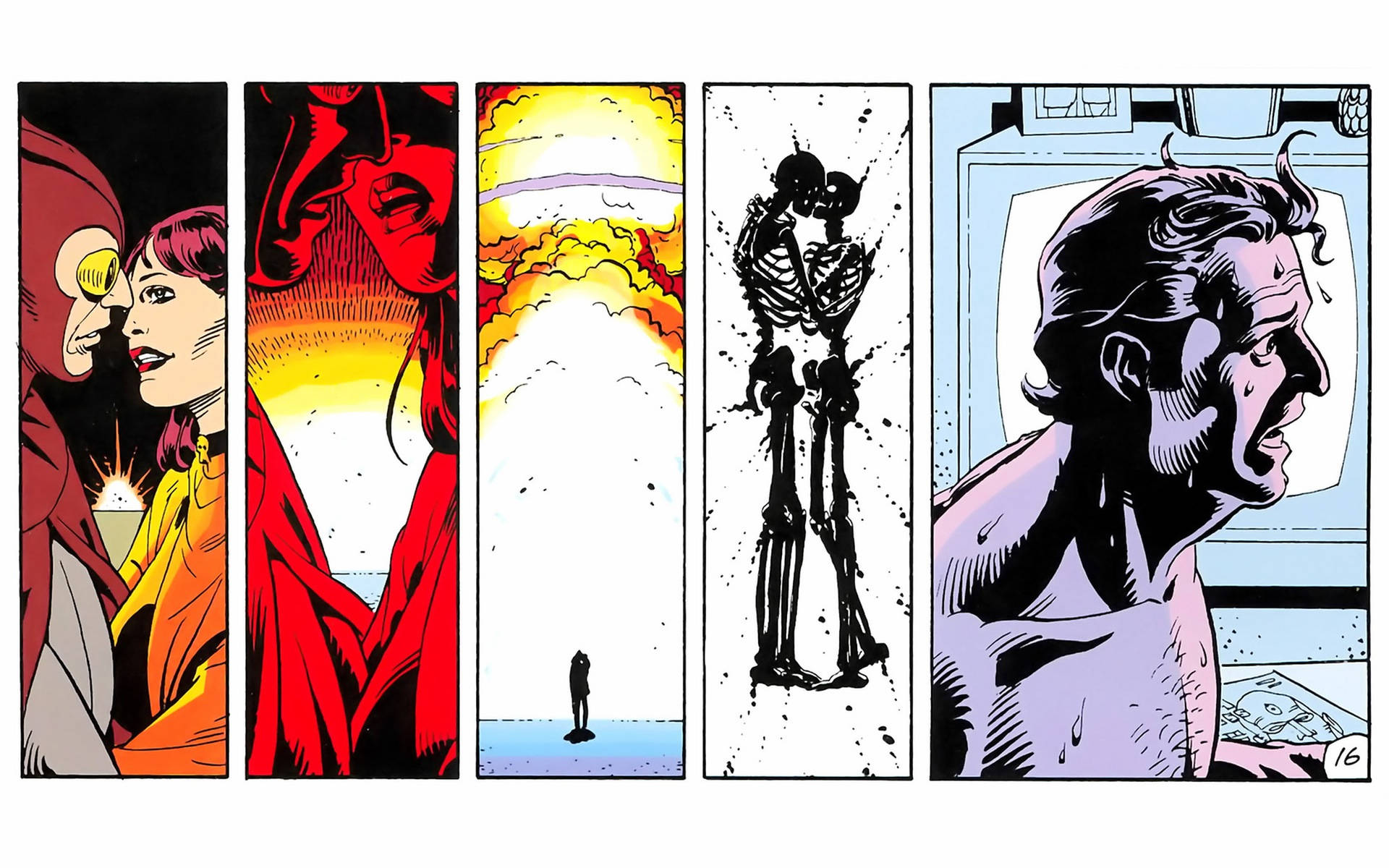 Watchmen 桌布 壁紙 — 五個漫畫格描繪了一個女人與太陽、一個紅色剪影、日出前的孤獨身影、兩個擁抱的骷髏和一個尖叫的男人。