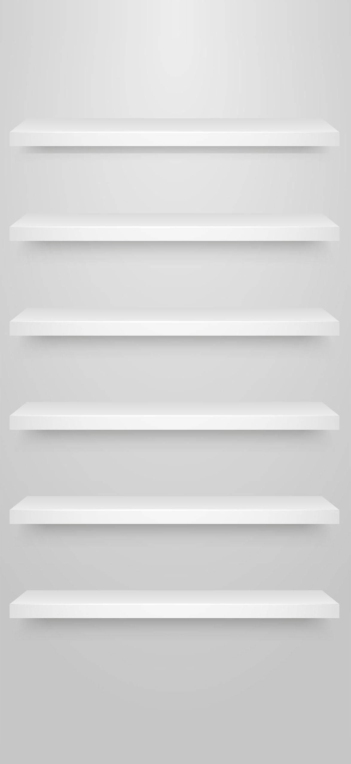 Shelf 桌布 壁紙 — 五個潔白的浮動層架安裝在柔軟的灰色牆上，帶有微妙的陰影和高光。